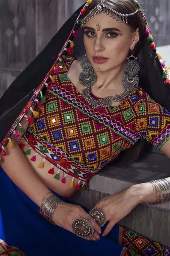Blue and black Gamthi work Navratri Rajwadi designer indian chaniya choli and traditional dupatta
