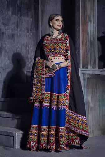 Blue and black Gamthi work Navratri Rajwadi designer indian chaniya choli and traditional dupatta