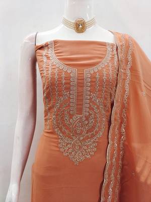 Orange georgette embroidered salwar suit material with santoon bottom 3