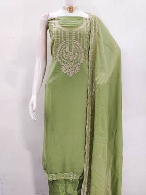 Green georgette embroidered salwar suit material with santoon bottom 2