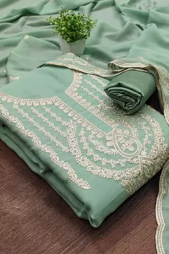 pista green georgette embroidered salwar suit material with santoon bottom