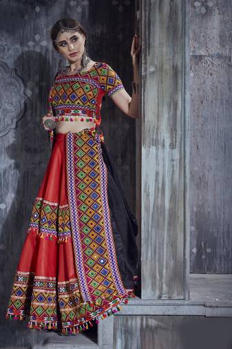 Red and black Gamthi work Navratri Rajwadi indian designer chaniya choli online