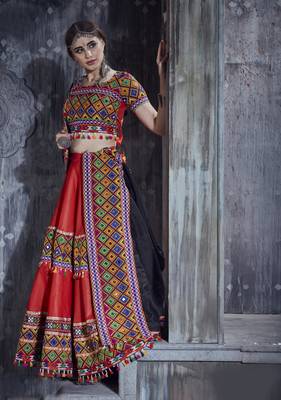 Red and black Gamthi work Navratri Rajwadi indian designer chaniya choli online 1