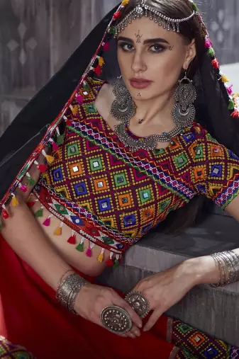 Red and black Gamthi work Navratri Rajwadi indian designer chaniya choli online