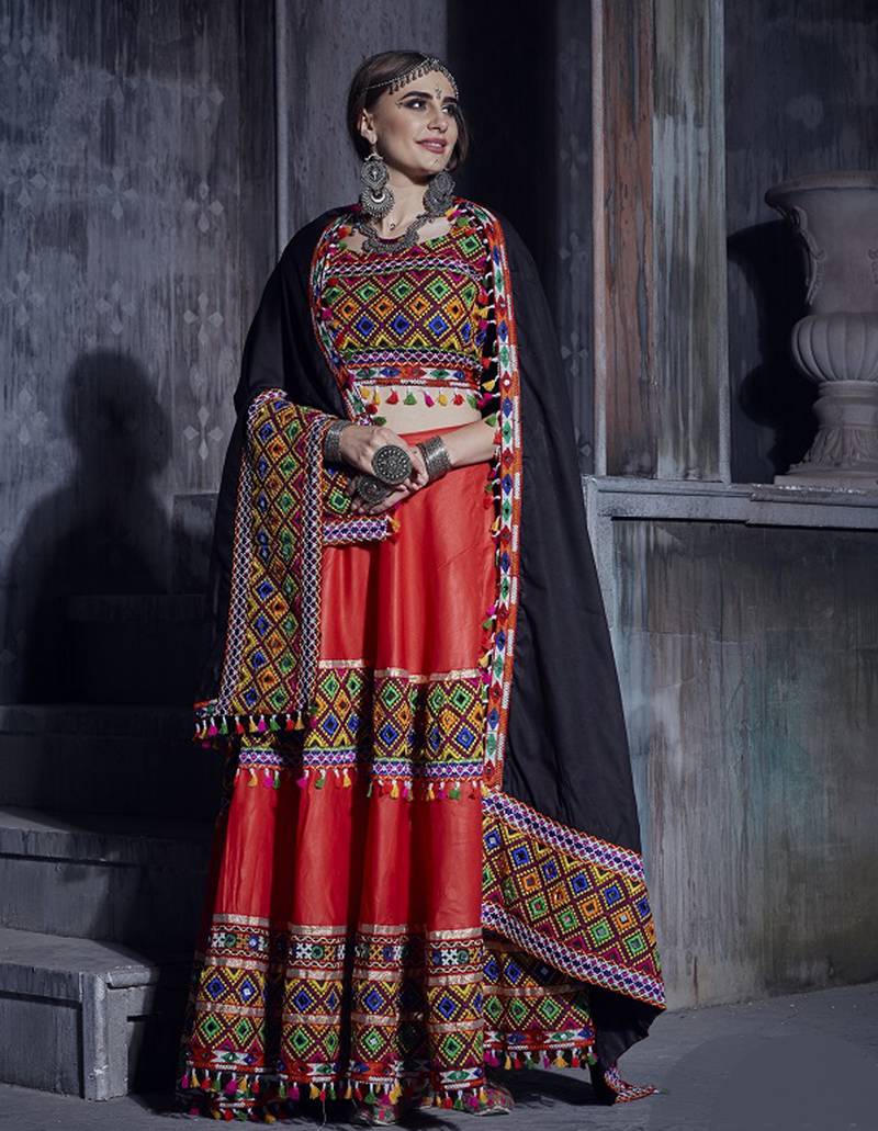 Red and black Gamthi work Navratri Rajwadi indian designer chaniya choli online