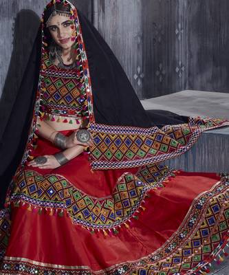 Red and black Gamthi work Navratri Rajwadi indian designer chaniya choli online 4