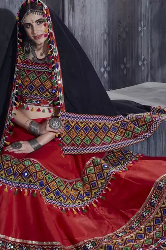 Red and black Gamthi work Navratri Rajwadi indian designer chaniya choli online