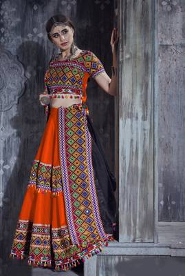 Orange and black Gamthi work Navratri Rajwadi chaniya choli with Traditional Dupatta 1