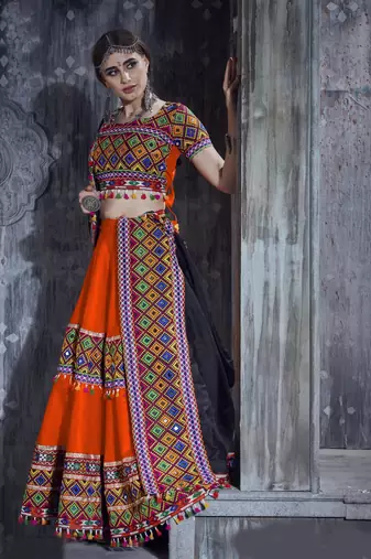 Orange and black Gamthi work Navratri Rajwadi chaniya choli with Traditional Dupatta