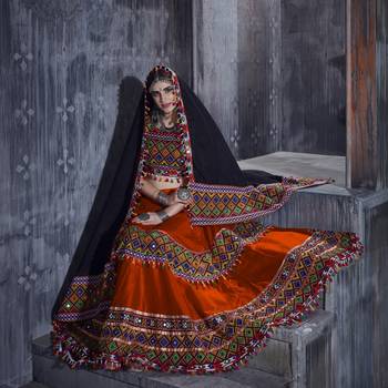 Orange and black Gamthi work Navratri Rajwadi chaniya choli with Traditional Dupatta 2