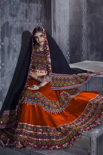 Orange and black Gamthi work Navratri Rajwadi chaniya choli with Traditional Dupatta