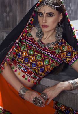Orange and black Gamthi work Navratri Rajwadi chaniya choli with Traditional Dupatta 3