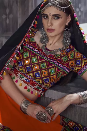 Orange and black Gamthi work Navratri Rajwadi chaniya choli with Traditional Dupatta