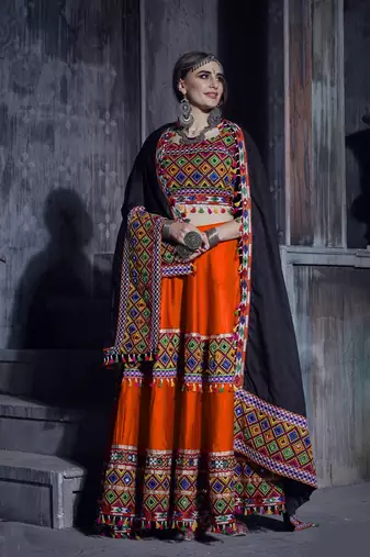 Orange and black Gamthi work Navratri Rajwadi chaniya choli with Traditional Dupatta