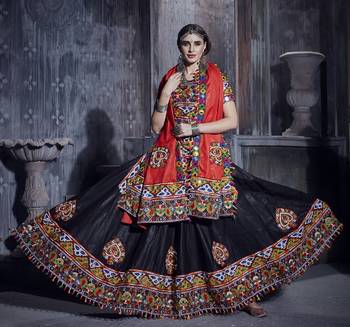 Black and red Gamthi work Rajwadi lehenga choli with Traditional Dupatta for this Navratri garba 2