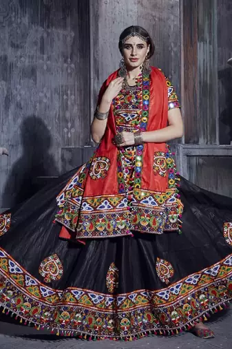 Black and red Gamthi work Rajwadi lehenga choli with Traditional Dupatta for this Navratri garba