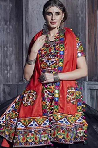 Black and red Gamthi work Rajwadi lehenga choli with Traditional Dupatta for this Navratri garba