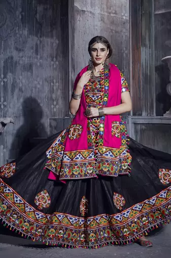 Black and pink Gamthi work Navratri garba Rajwadi indian designer lehenga dress