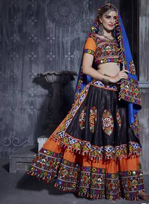 Orange and Black Gamthi work Navratri garba Rajwadi chaniya choli with blue dupatta 1