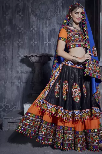 Orange and Black Gamthi work Navratri garba Rajwadi chaniya choli with blue dupatta