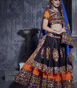 Orange and Black Gamthi work Navratri garba Rajwadi chaniya choli with blue dupatta