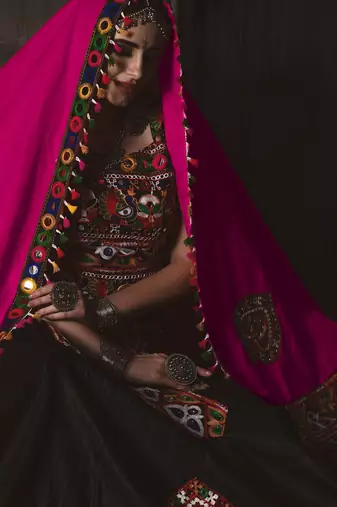 Black and pink Gamthi work Navratri garba Rajwadi indian designer lehenga dress