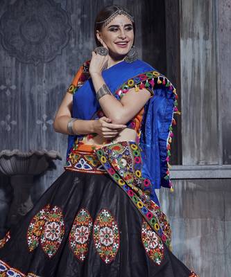 Orange and Black Gamthi work Navratri garba Rajwadi chaniya choli with blue dupatta 3