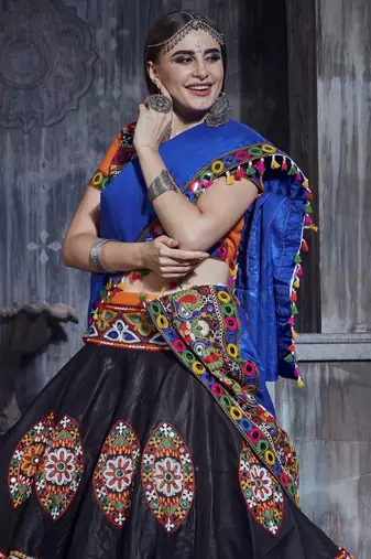 Orange and Black Gamthi work Navratri garba Rajwadi chaniya choli with blue dupatta