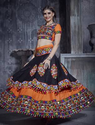Orange and Black Gamthi work Navratri garba Rajwadi chaniya choli with blue dupatta 4