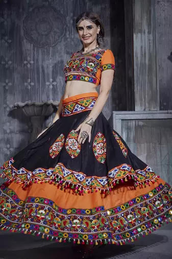 Orange and Black Gamthi work Navratri garba Rajwadi chaniya choli with blue dupatta