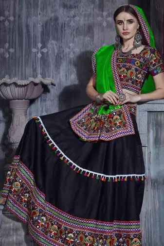 Black and green Gamthi work Rajwadi Navratri garba chaniya choli with Traditional Dupatta