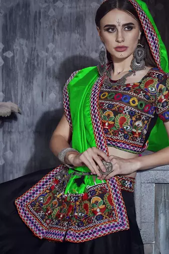 Black and green Gamthi work Rajwadi Navratri garba chaniya choli with Traditional Dupatta