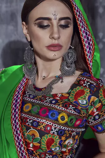 Black and green Gamthi work Rajwadi Navratri garba chaniya choli with Traditional Dupatta