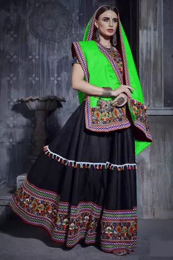 Black and green Gamthi work Rajwadi Navratri garba chaniya choli with Traditional Dupatta