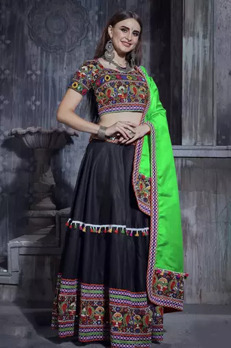 Black and green Gamthi work Rajwadi Navratri garba chaniya choli with Traditional Dupatta