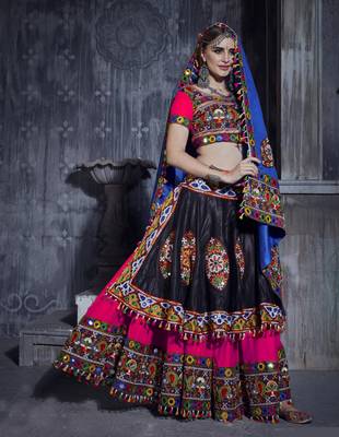 Pink and Black Gamthi work Navratri garba Rajwadi dresses with blue Traditional Dupatta for this Navratri garba 1