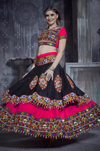 Pink and Black Gamthi work Navratri garba Rajwadi dresses with blue Traditional Dupatta for this Navratri garba