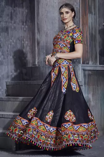 Black and red Gamthi work Rajwadi lehenga choli with Traditional Dupatta for this Navratri garba