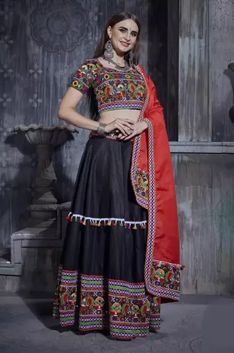 Black and Red Gamthi work Navratri Rajwadi gharga choli with traditional dupatta