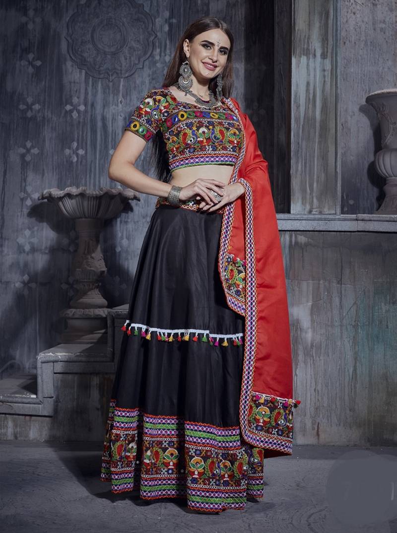 Black and Red Gamthi work Navratri Rajwadi gharga choli with traditional dupatta