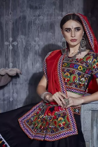 Black and Red Gamthi work Navratri Rajwadi gharga choli with traditional dupatta