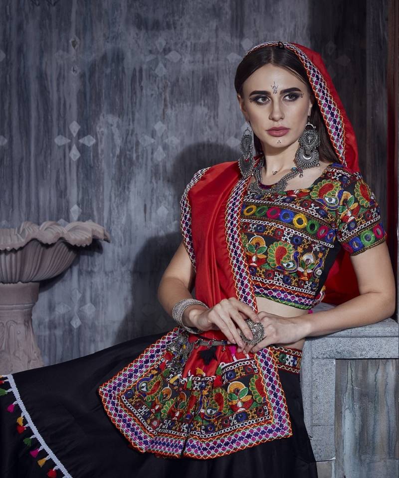 Black and Red Gamthi work Navratri Rajwadi gharga choli with traditional dupatta