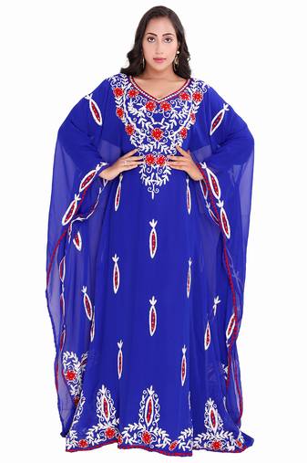 Luxurious Blue Stitched Kaftan Gown with Red & White Thread Work