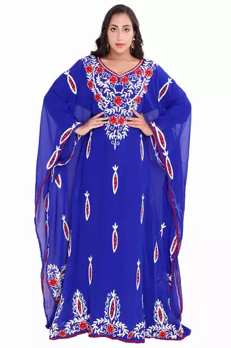 Luxurious Blue Stitched Kaftan Gown with Red & White Thread Work