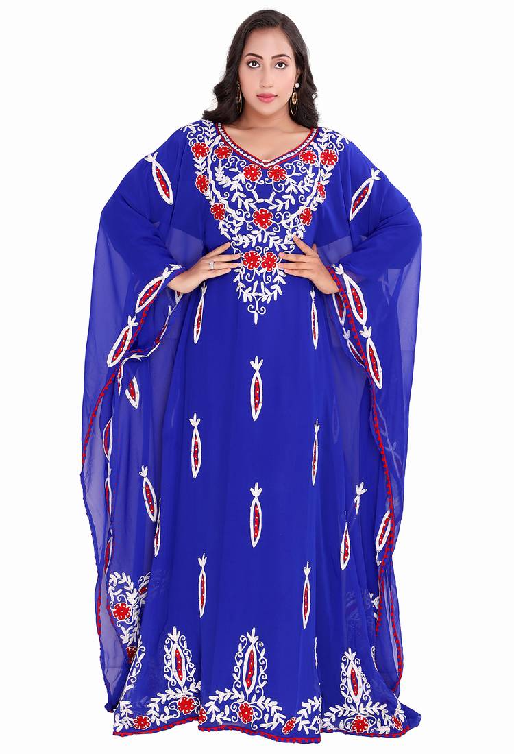 Luxurious Blue Stitched Kaftan Gown with Red & White Thread Work