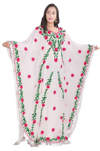 Elegant White Georgette Kaftan with Vibrant Floral Embroidery-Perfect for wedding & Festive occasion