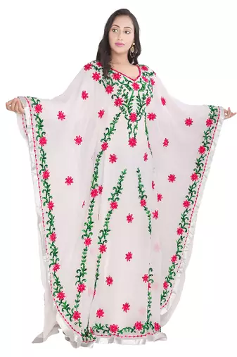 Elegant White Georgette Kaftan with Vibrant Floral Embroidery-Perfect for wedding & Festive occasion