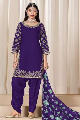 Purple premium embroidered roman silk salwar suit