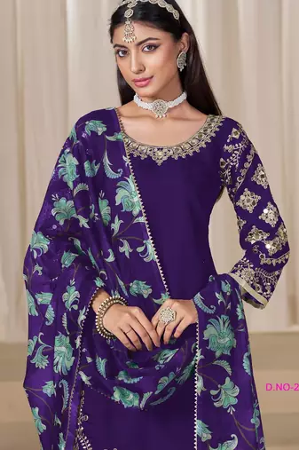 Purple premium embroidered roman silk salwar suit