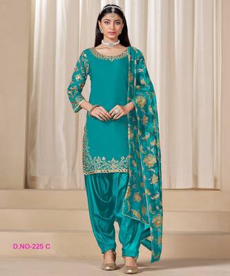 Teal Blue premium embroidered roman silk semi stitched salwar suit 1
